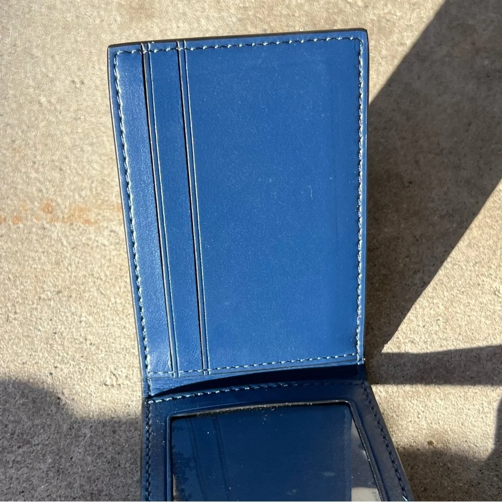 Coach Slim Clip Billfold Card Hold Wallet Brown Classic Canvas Blue Leather - Picture 11 of 12